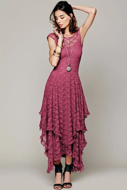 Women's Clothing For Outdoor Events Asymmetric Tiered Ruffle Sleeveless Maxi Lace Dress - Mauve