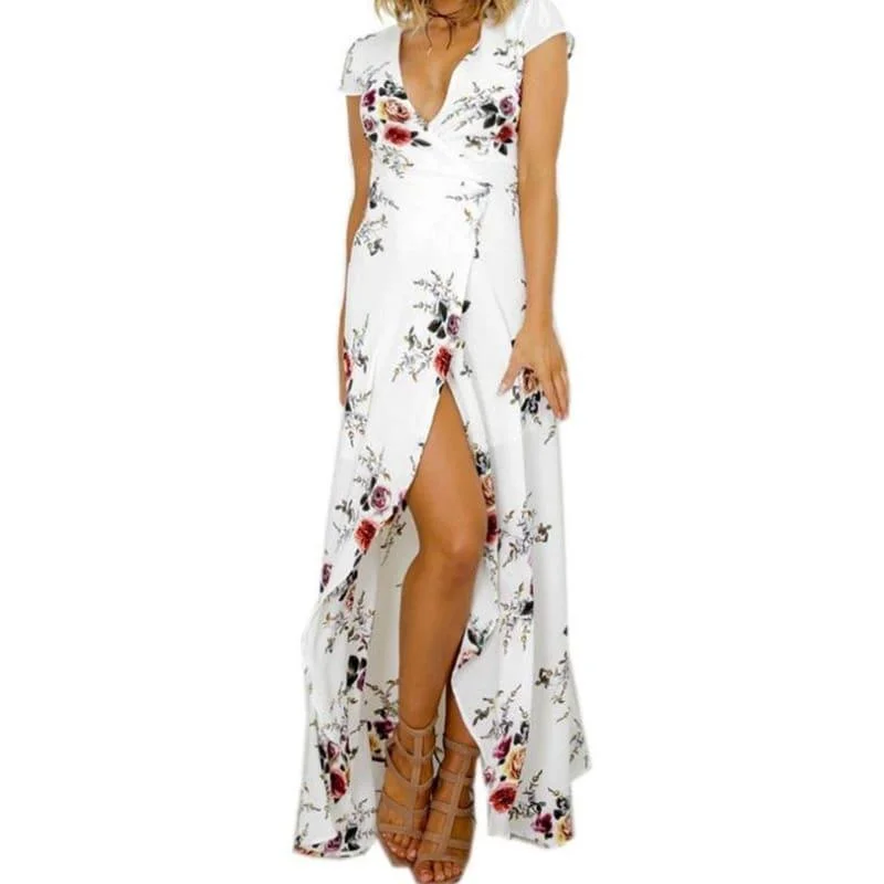 Women's Casual Garments White Flower Printed Boho Beach White Summer Sexy V Neck Split Fit Flare Maxi Dress