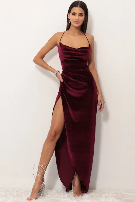 Women's Sports Apparel Velvet Cowl Neck High Slit Backless Slip Maxi Dress - Burgundy