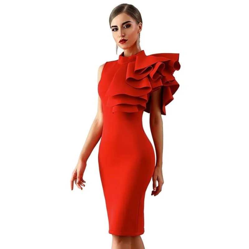 Women's Trendy Casual Outfit One Shoulder Ruffles Sexy Sleeveless  Bodycon Midi Dress