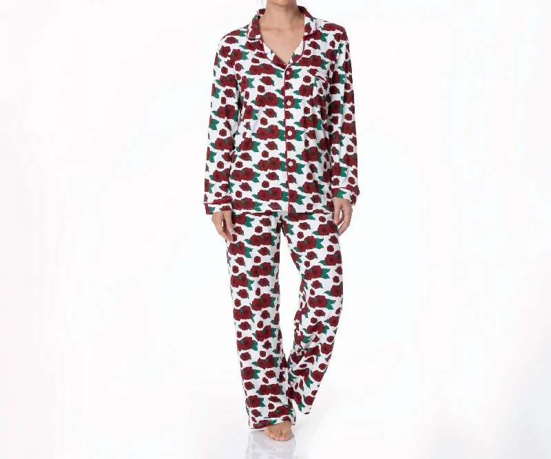 Stylish Outerwear Clothes For Women Long Sleeve Collared Pajama Set In Holiday Poppies