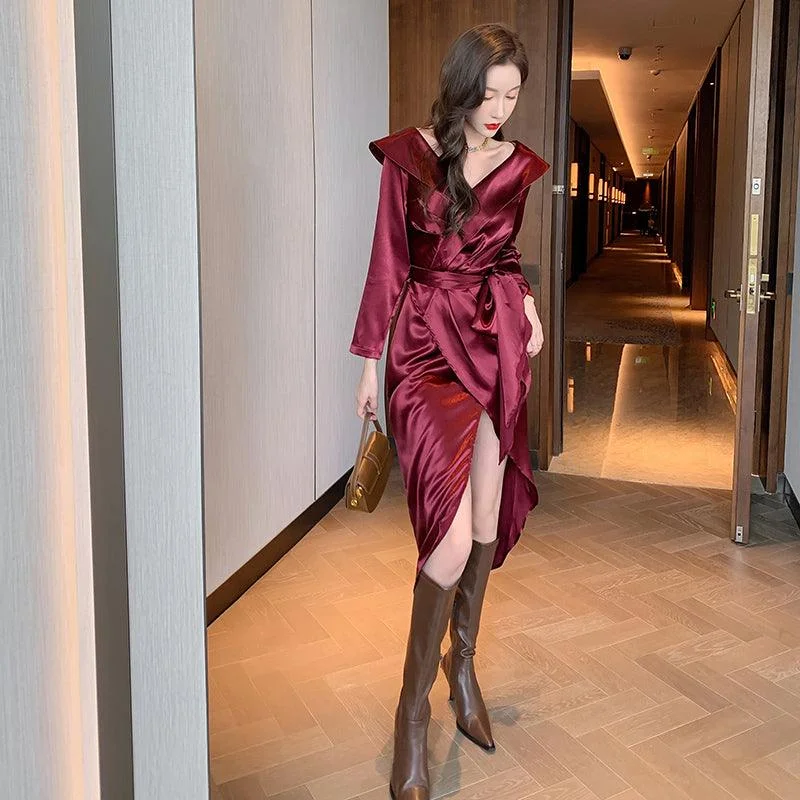 Casual Attire For Women Wine Red V Neck Long Sleeve Vintage Ruffle Midi Dress