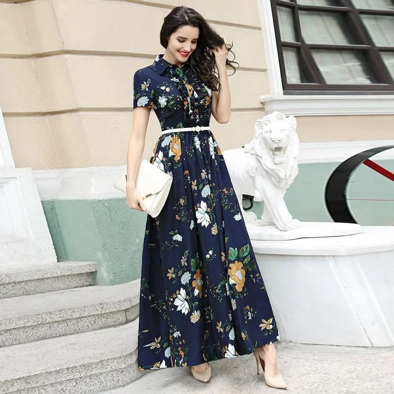 Women's Transitional Attire Summer Short sleeve A-line Ruffles Floral Print Long Maxi Dress