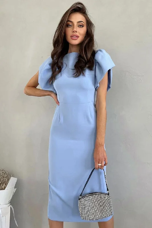 Women's Evening Apparel French Crew Neck Puff Sleeve Split Bodycon Cocktail Party Midi Dress - Blue