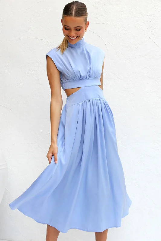 Luxury Women's Clothes Flowy High Neck Ruched Trim Cutout Waist Summer Midi Sundress - Light Blue