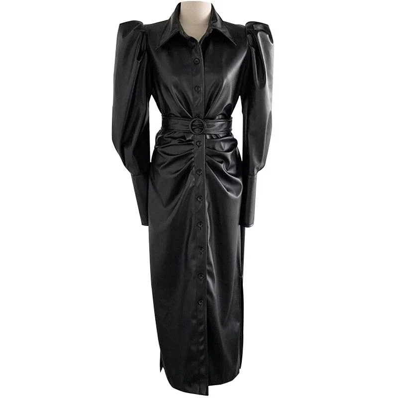 Women's Travel Apparel Black Faux Leather Belt Puff Long Sleeve Button Down Elegant Luxury Stylish Maxi Dress