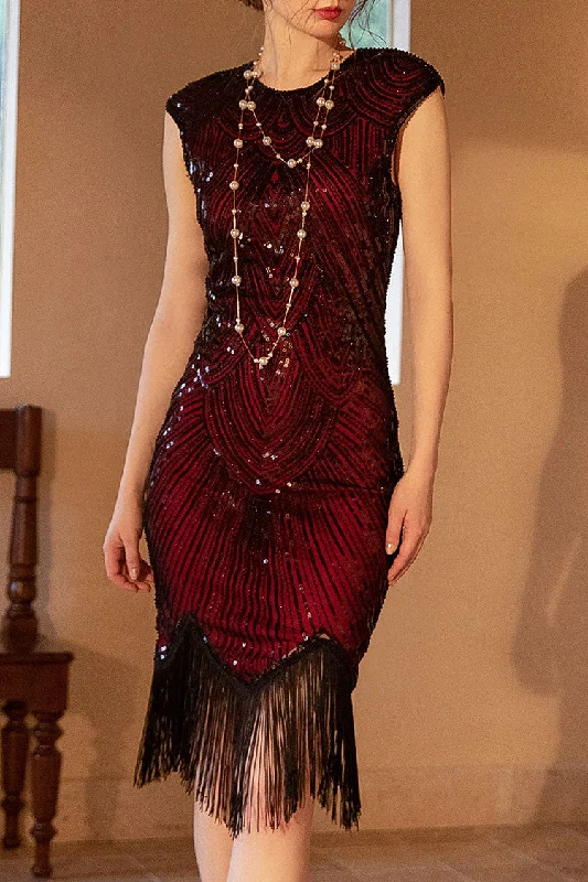 Women's Fashion Clothes 1920s Gatsby Round Neck Fitted Sequin Fringe Flapper Midi Dress - Red