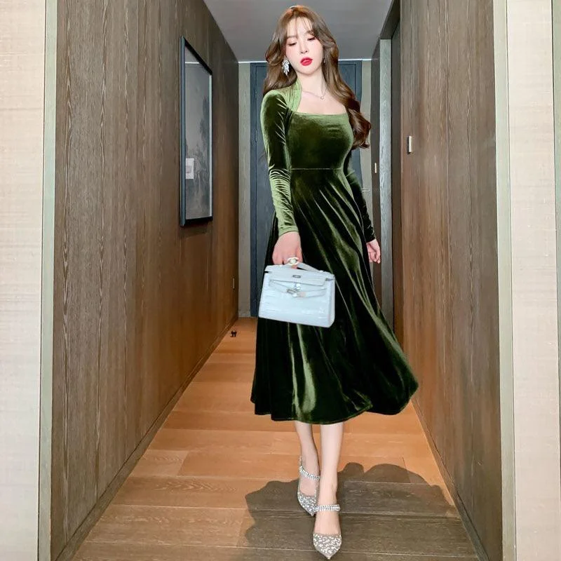 Women's Tailored Outfit Green Elegant Retro Velvet Midi Dress