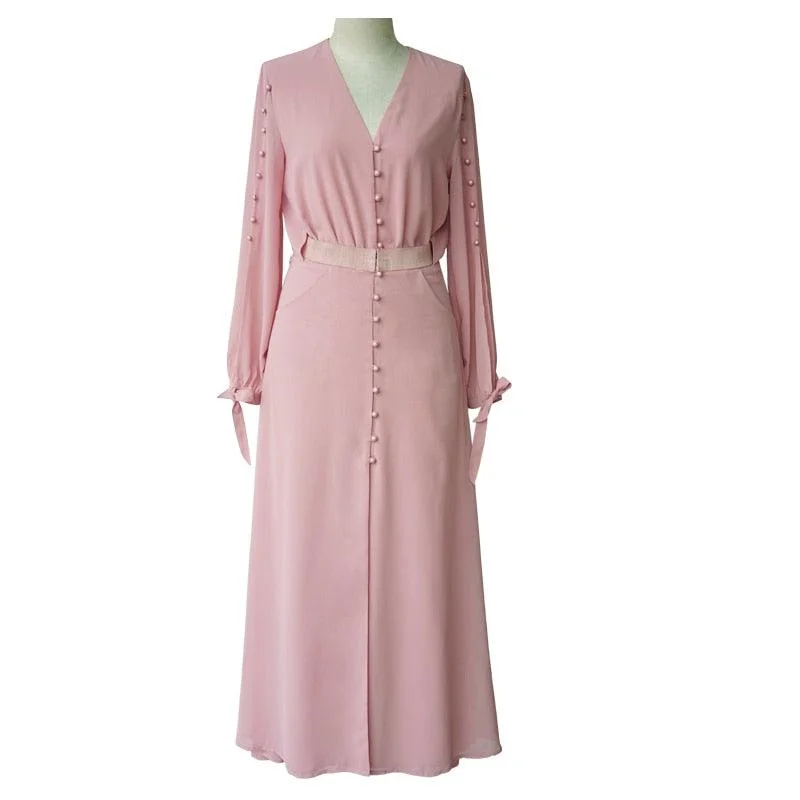 Women's Cozy Outfit For Lounging Pink Lantern Sleeve V-neck Buttons Pleated Chiffon Maxi Dress