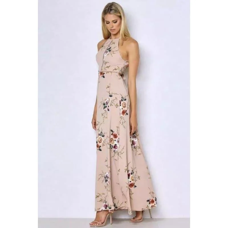 Women's Trendy Attire Printed Floral Halter Chiffon Backless Summer Maxi Dress