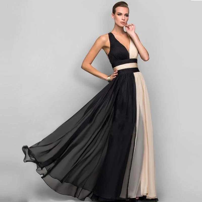 Women's Outdoor Attire Elegant V-Neck Backless Formal Long Chiffon Maxi Dress