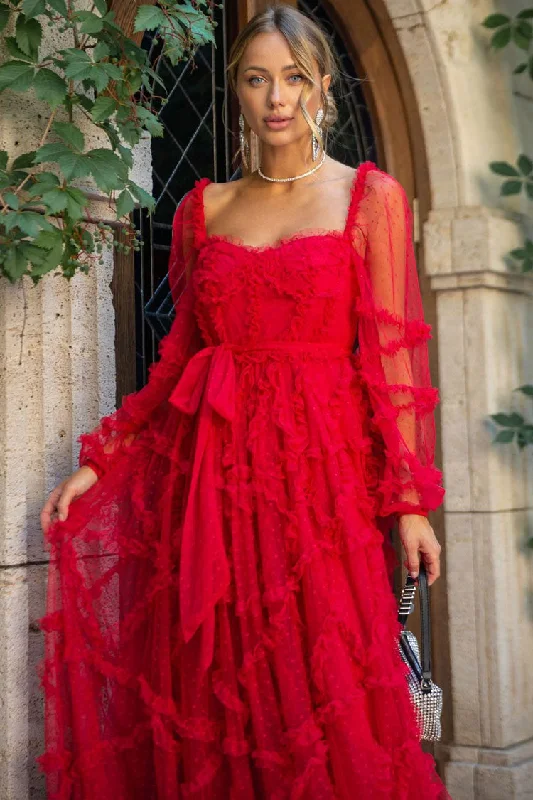 Women's Trendy Casual Clothes Fairytale Sweetheart Belted Dotted Tulle Layered Ruffle Maxi Gown Dress - Red