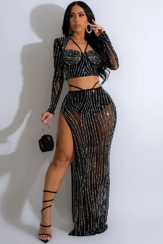 Stylish Outerwear Clothes For Women Sparkly Rhinestone Long Sleeve Crop Top High Waist Two Piece Maxi Dress - Black