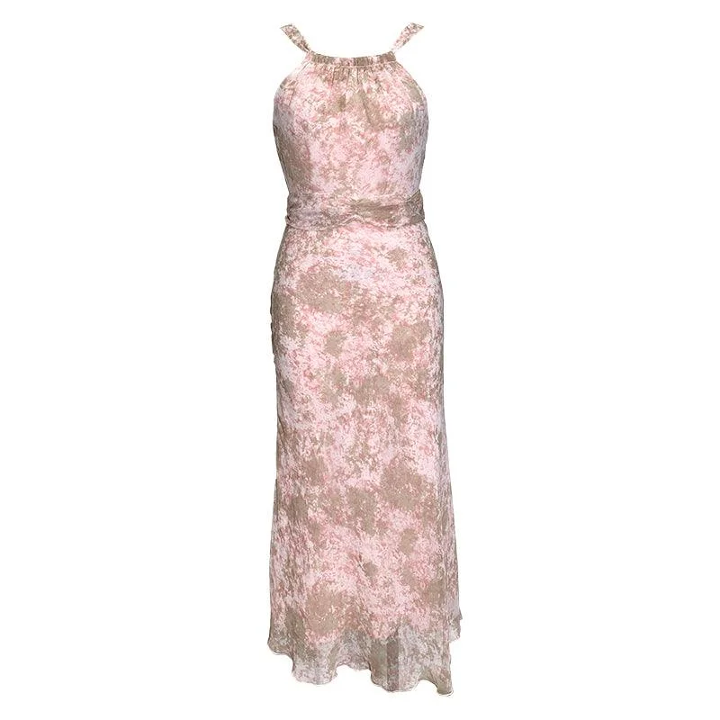 Casual Outfit For Women Pink High Neck Lace Chiffon Floral Print Midi Dress