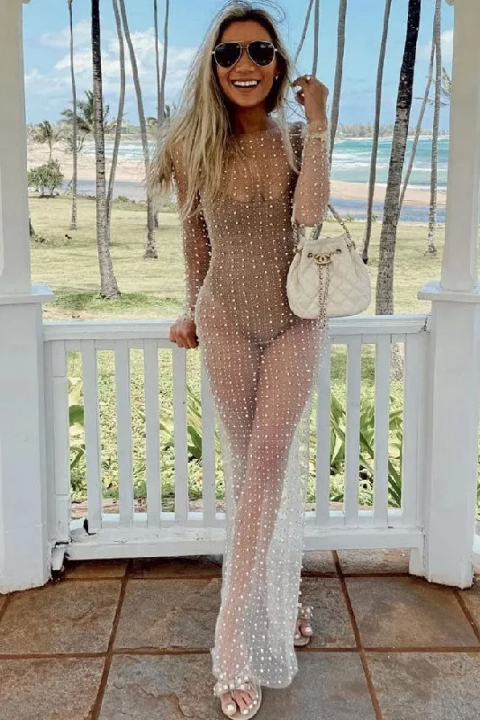 Women's Holiday Clothes Sexy Round Neck Long Sleeve Faux Pearl Split Sheer Mesh Maxi Dress - Nude