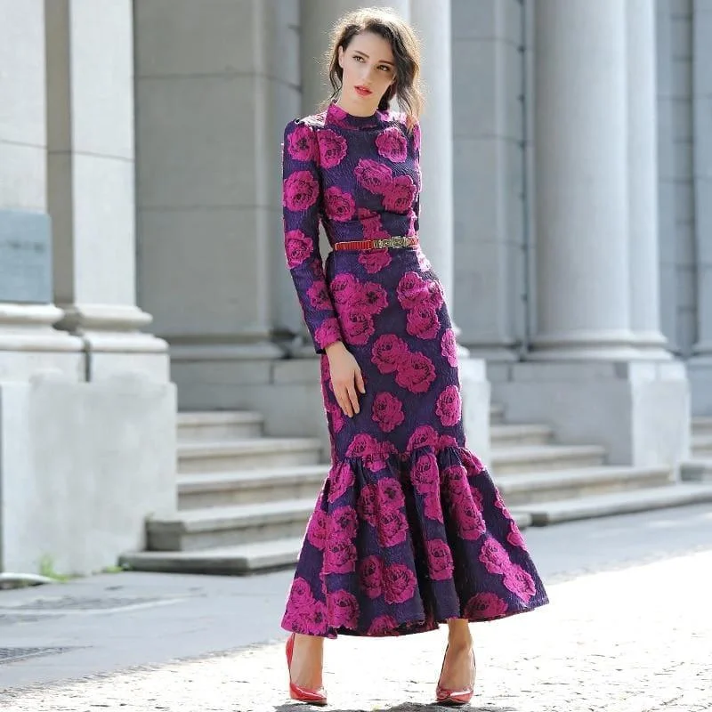 Women's Transitional Attire Fuchsia Vintage Flowers Mermaid Long Sleeve Maxi Dress