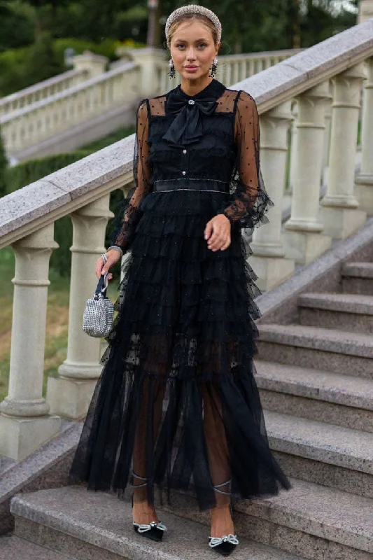 Women's High-Fashion Garments Elegant Bow Tie Collared Glitter Dotted Tulle Tiered Ruffle Gown Dress - Black