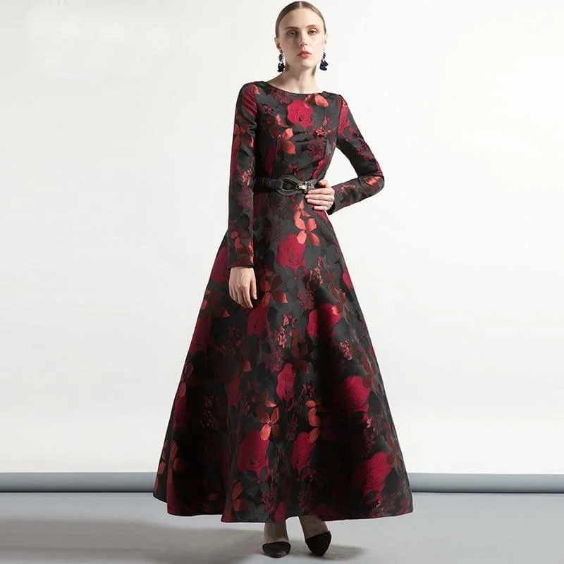 Women's Seasonal Apparel Jacquard Elegant Vintage Long Sleeve Long Formal Maxi Dress