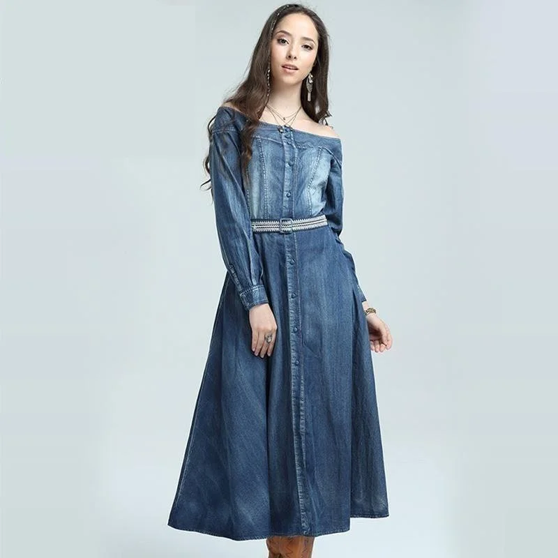 Women's Activewear Outfit Slash Neck A-line Single Breasted Embroidery Belt Denim Dress