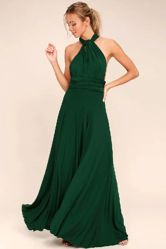 Women's Office Attire Convertible High Waist A-Line Infinity Maxi Bridesmaid Dress - Emerald Green