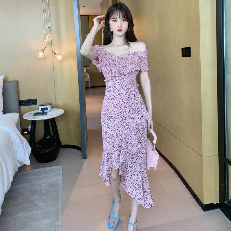 Women's Holiday Clothes Pink Elastic Ruffled Asymmetric Floral Midi Dress