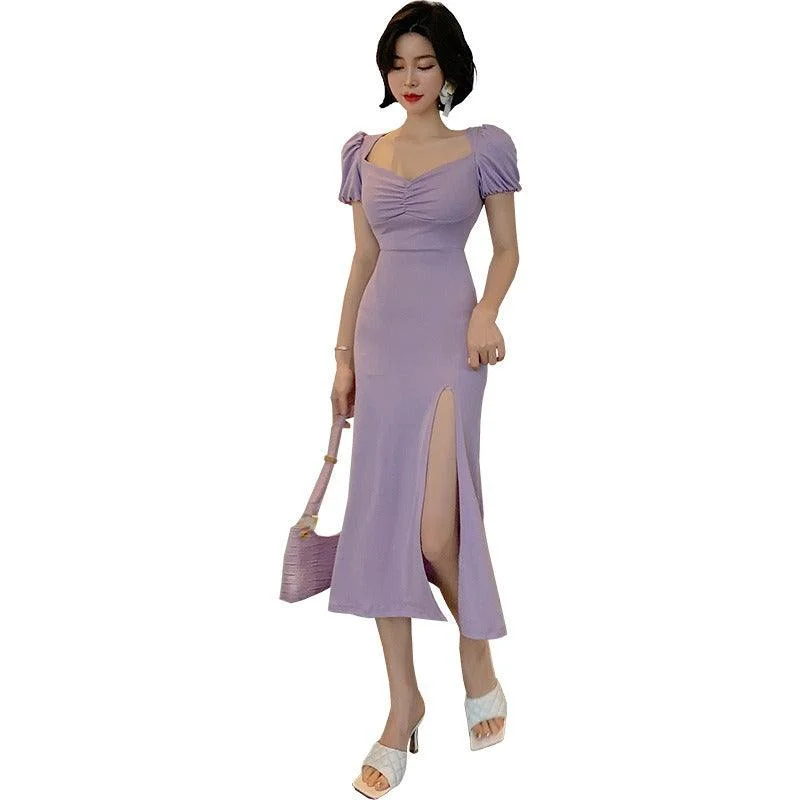 Luxury Women's Clothing Sheath Purple V Neck Retro Short Sleeve Midi Dress