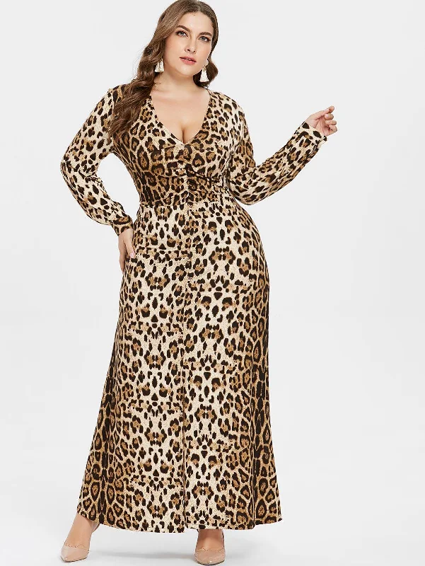 Women's Weekend Outfit Sexy V Neck Leopard Long Sleeves Ankle-Length Plus Size Dress