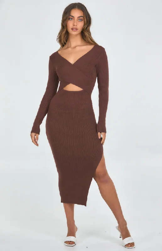 Stylish Outerwear Clothes For Women Cross Front Cut Out Detail Midi Knit Dress with Side Split