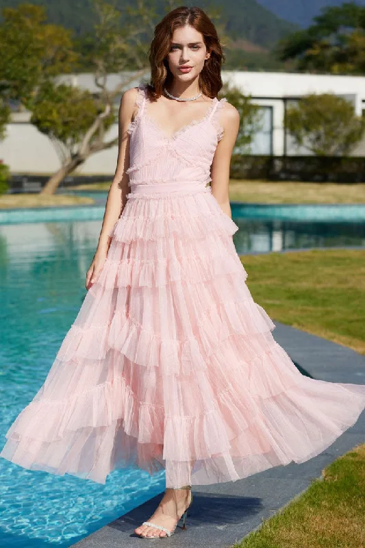 Formal Outfit For Women French Style Ruffle V Neck Sleeveless Tiered Tulle Evening Maxi Dress - Pink