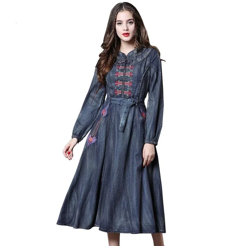 Women's Holiday Outfit Long Sleeve Vintage Embroidery Belted Denim Dress