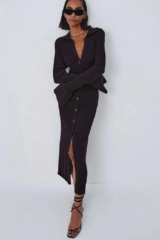 Women's Workout Clothing Ribbed Long Sleeve Button Down Winter Sweater Maxi Dress - Chocolate