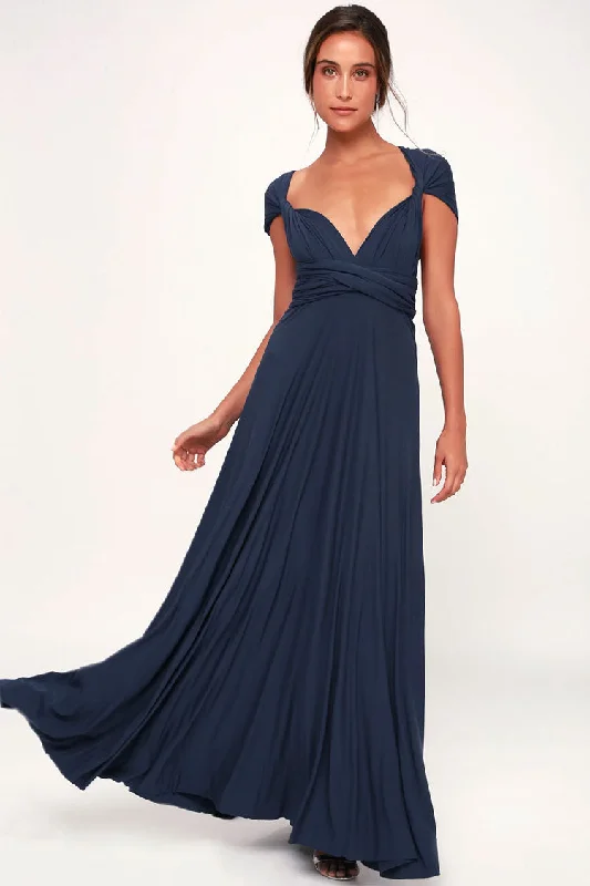 Women's Urban Clothing Convertible High Waist A-Line Infinity Maxi Bridesmaid Dress - Navy Blue