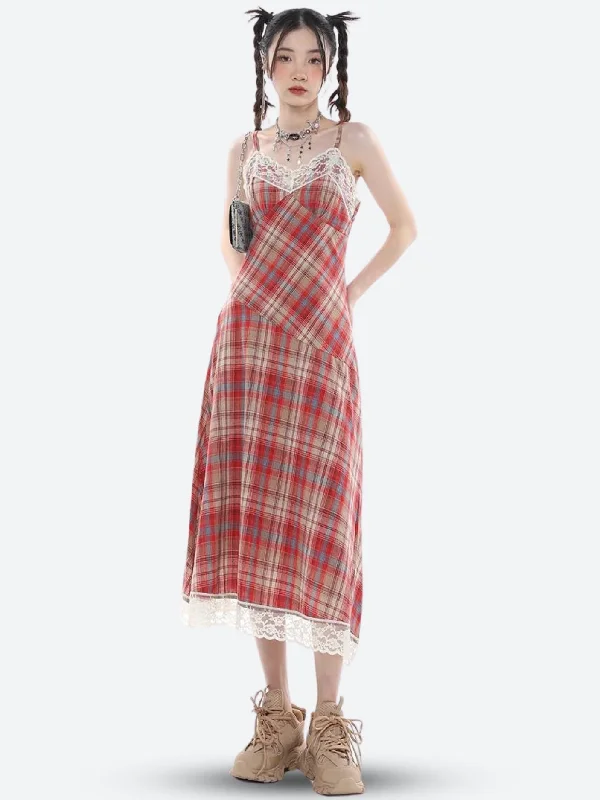 Affordable Women's Attire Plaid Lace Midi Dress