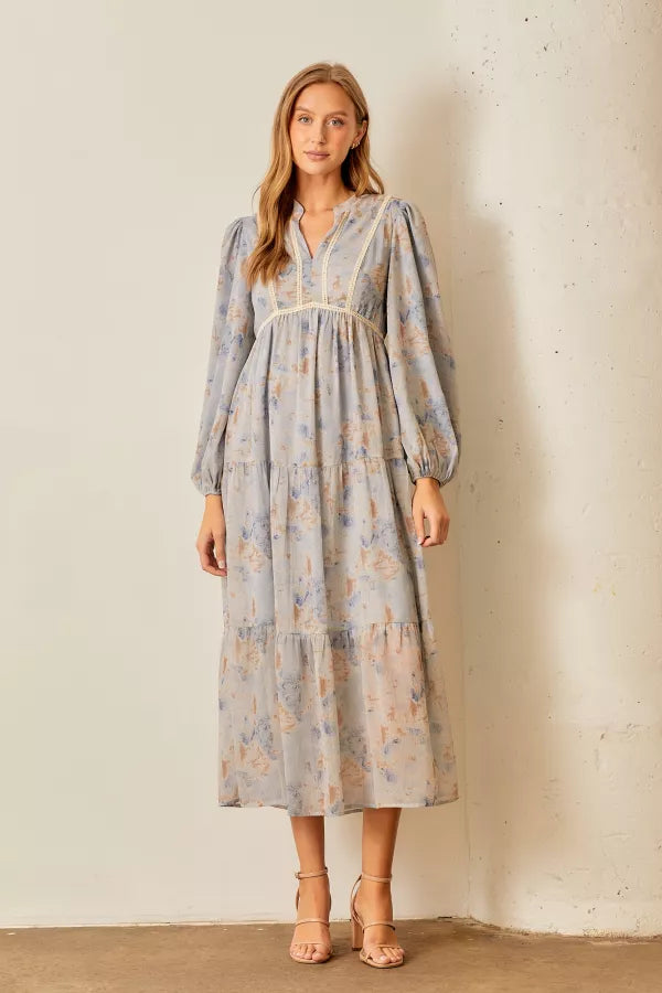 Affordable Trendy Clothes For Women The Alice Lace Trim Midi Dress in Dusty Blue