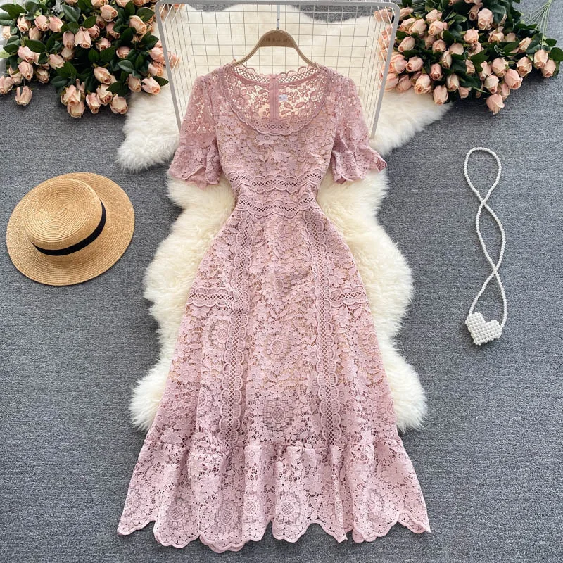 Women's Formal Clothes Hign Waist Round Neck Short Sleeve Lace Midi Dress