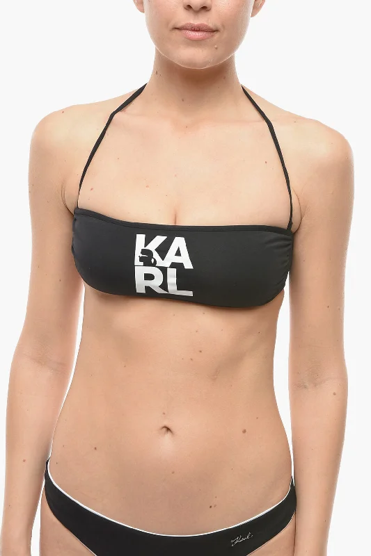 Women's Vacation Attire Karl Lagerfeld Solid Color Bandeau Bikini Top with Printed Contrasting Logo