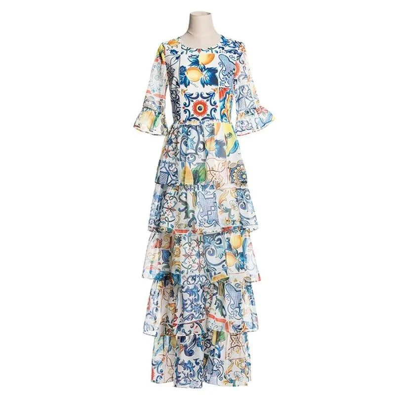 Women's Seasonal Attire Luxury Half Flare Sleeve Fashion Patchwork Print Porcelain Romantic Sexy Maxi Dress