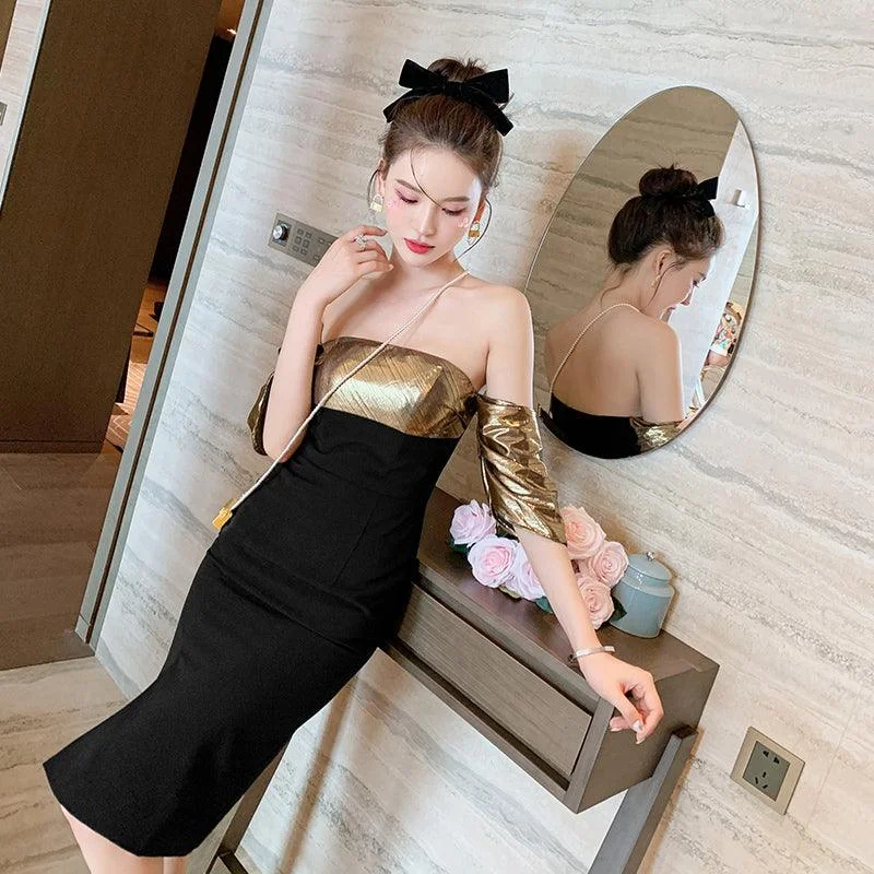 Women's Holiday Outfit Golden Patchwork Tube Top Off Shoulder Club Midi Dress