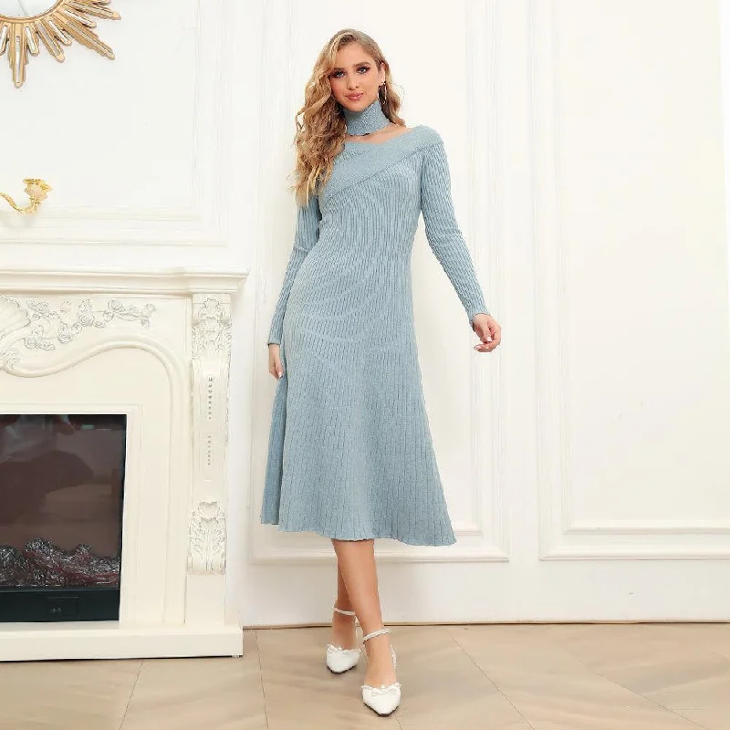 Women's Luxury Attire Blue Collar Knit Fishtail Sweater Midi Dress