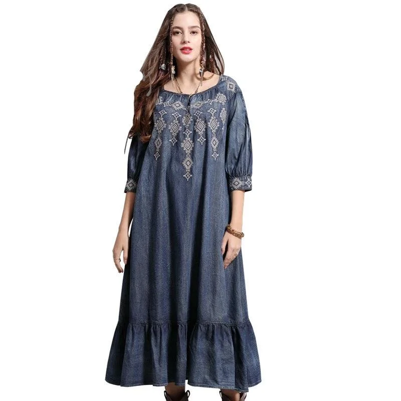 Luxury Women's Clothing A-line Vintage Embroidery Loose Denim Dress