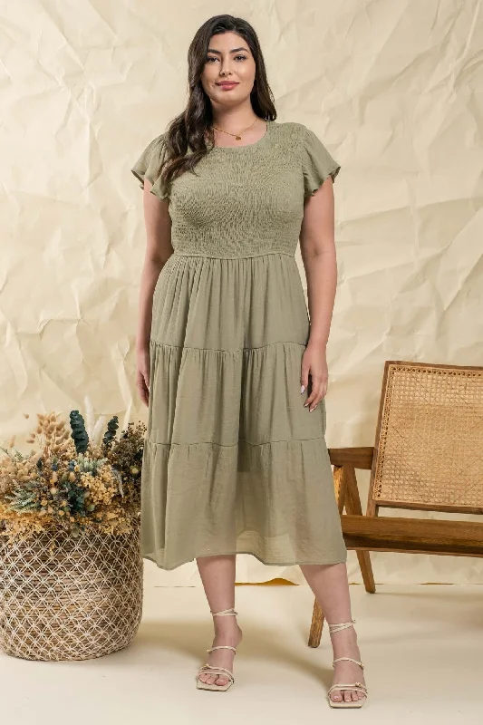 Women's Stylish Vacation Attire The Jamison Smocked Tiered Midi Dress in Light Olive