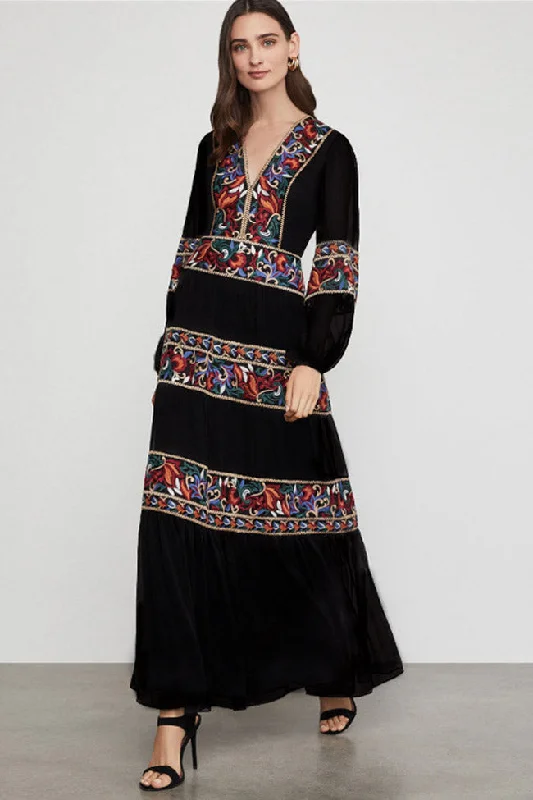 Women's Clothing For Outdoor Activities Embroidered V Neck Long Sleeve Boho Chic Maxi Dress - Black