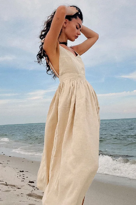 Women's Trendy Casual Clothes Breezy V Neck Tie Strap Fit & Flare Backless Summer Cotton Midi Sundress