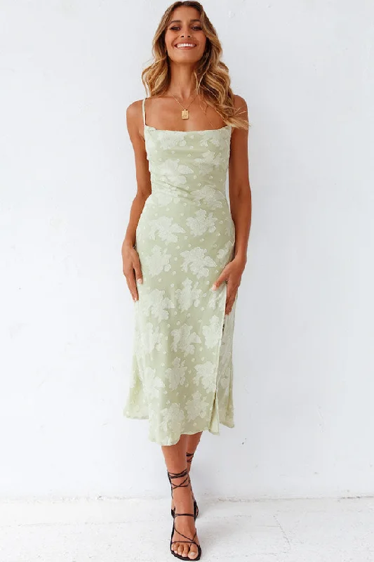 Women's Clothing For Special Occasions Floral Cowl Neck High Slit Slip Midi Dress - Sage Green