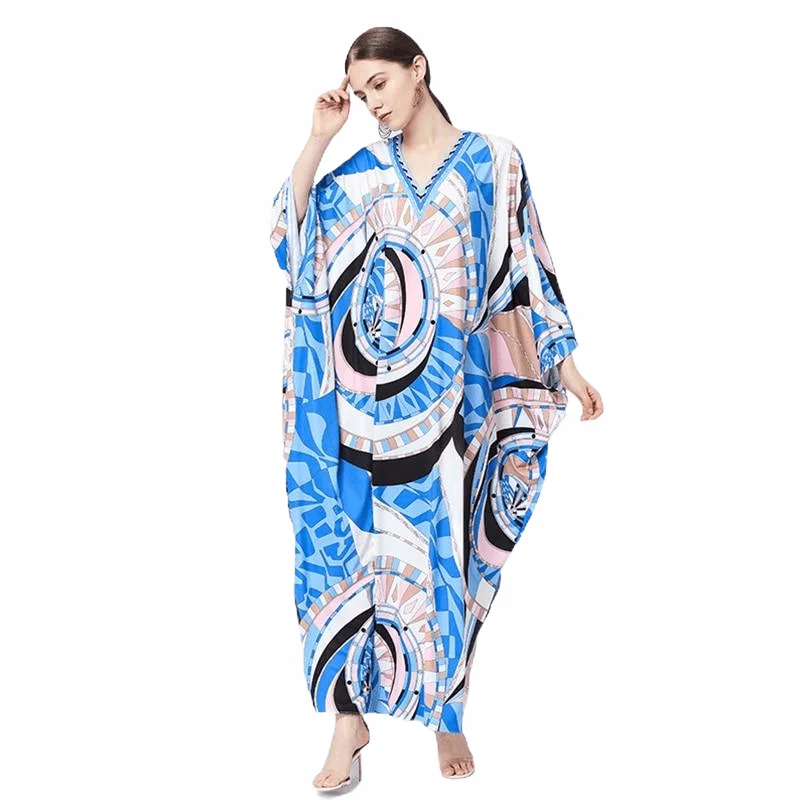 Fashionable Women's Casual Apparel Blue Silk Bohemian Plus Size Dress V-neck Batwing Sleeve Maxi Dress