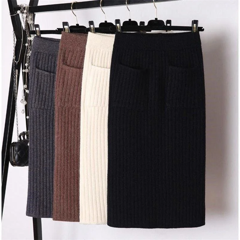 Women's Trendy Outfit Elegant Ribbed Knitted Pencil Midi Sweater Skirt