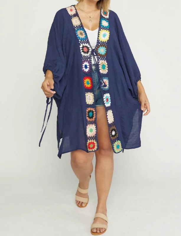 Casual Outfit For Women Crochet Trim Open Front Kimono In Navy