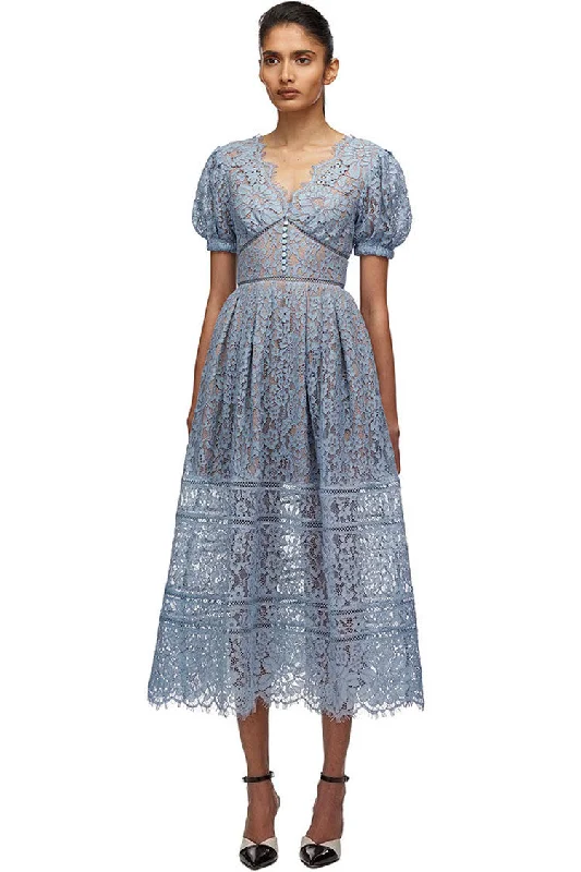 Women's Elegant Garments Eyelash V Neck Puff Sleeve French Lace A-Line Midi Dress - Sky Blue