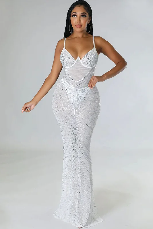 Women's Evening Clothes Sparkly Rhinestone Bustier Sheer Mesh Sleeveless Fishtail Evening Maxi Dress - White