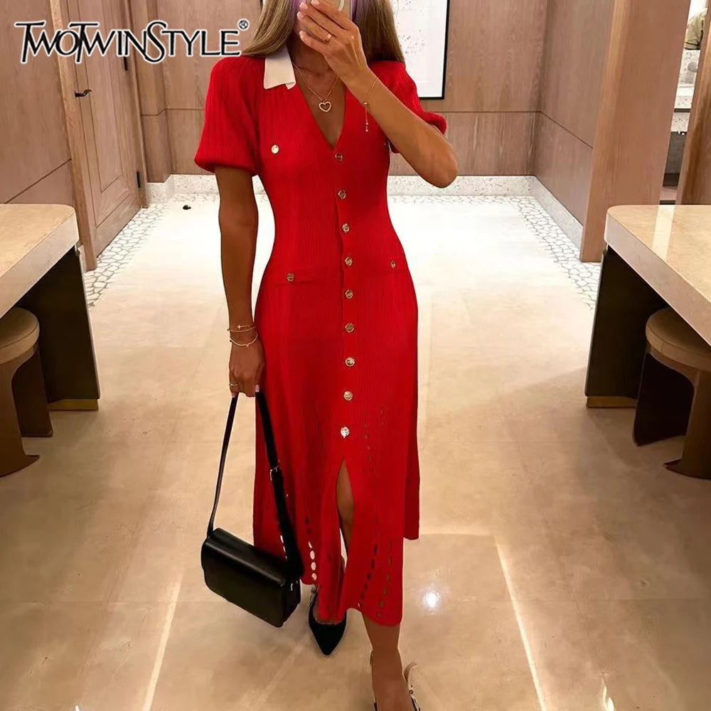 Casual Garments For Women Colorblock Elegant V Neck Short Sleeve High Waist Dress